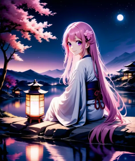 1girl, flower, long hair, tree, water, white kimono, sitting, outdoors, night, house, purple eyes, night sky, scenery, reflection, lake, lantern, pink hair, long hair, smile, starry sky, looking back,