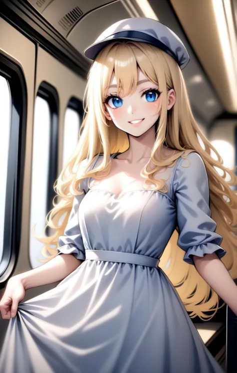 1fille, cheveux longs, yeux bleus, cheveux blond, Haut du corps, sourire, robe, intérieur du train, a,