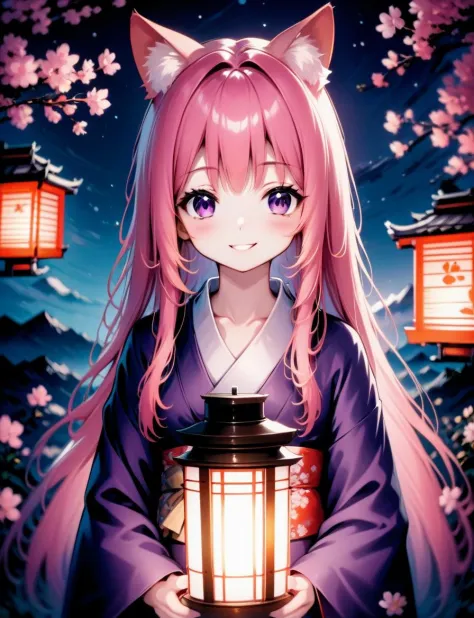 1fille, fleur, cheveux longs, kimono, En plein air, nuit, yeux violets, nuit sky, lanterne, cheveux roses, cheveux longs, sourire, ciel étoilé, oreilles d&#39;animaux, Haut du corps, arbre