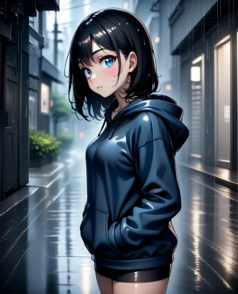 1girl, standing, rain, medium hair, black hair, blue eyes, wet, hoodie, pov, street, from side,
