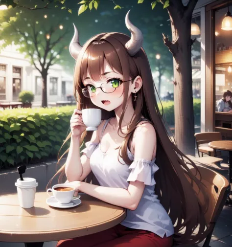 1girl, medium breasts, glasses, brown hair, earrings, open mouth, demon girl, long hair, 1girl, green eyes, holding cup, tree, c...