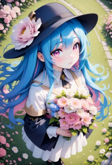 1girl, blue hair, gold trim, long hair, pink eyes, hat, from above, path, holding flowers,