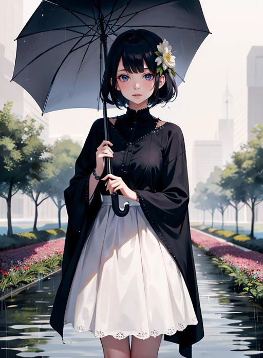 1girl,
standing, water drop, rain, Cinematic lighting,Flower fields,day,
hand holding umbrella
 