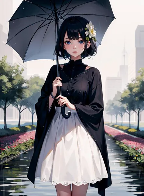 1girl,
standing, water drop, rain, Cinematic lighting,Flower fields,day,
hand holding umbrella
 <lora:rainydays:0.3>