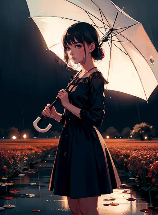 1girl,
standing, water drop, rain, Cinematic lighting,Flower fields,
hand holding umbrella
 