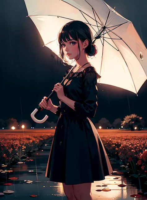 1girl,
standing, water drop, rain, Cinematic lighting,Flower fields,
hand holding umbrella
 <lora:rainydays:0.3>