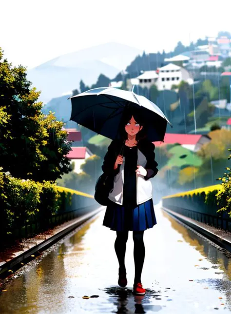 woman walking down a wet road holding an umbrella in the rain