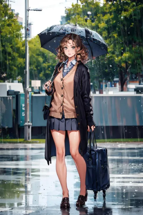 masterpiece, best quality, mature female, full body, curly hair, standing, wearing cardigan, wearing miniskirt, water drop, rain...