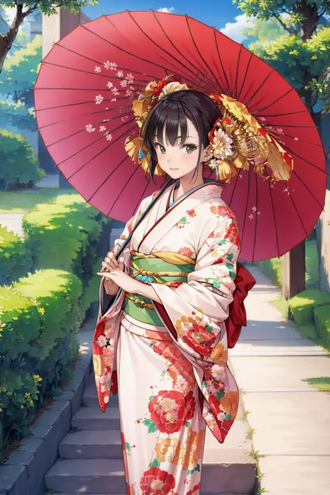 masterpiece, best quality, 1girl, wearing kimono, hand holding umbrella, <lora:parasol:1>