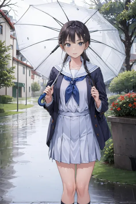 masterpiece, best quality, 1girl, wearing school uniform, rain, water drop, hand holding umbrella, 