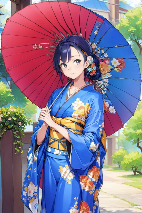 masterpiece, best quality, 1girl, wearing blue kimono, hand holding umbrella, <lora:parasol:1>