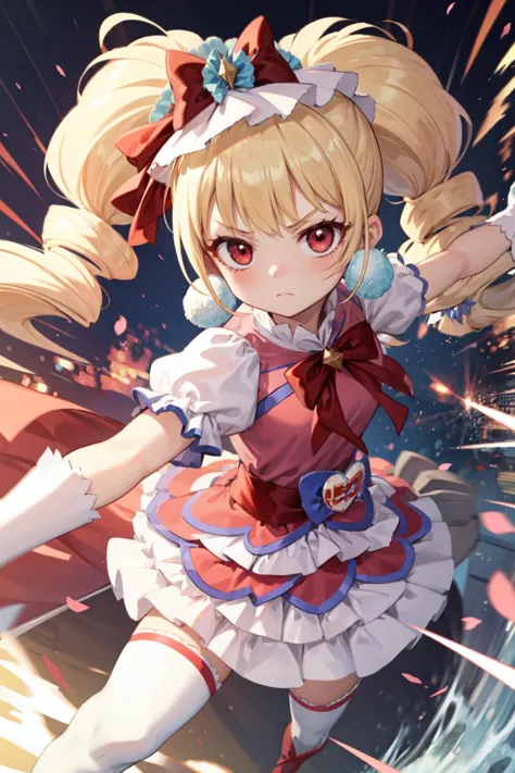 masterpiece,best quality,1girl,solo,cure macherie,blonde hair,twintails,red eyes,pom pom earrings,pink ribbon,frilled thighhighs,white thighhighs,white gloves,puffy sleeves,layered dress,porch,wrist bow,jewelry,(serious,frown),fighting stance,action pose,attack,motion lines,motion blur,blast wave,<lora:locon_cure_macherie_01:0.9>,<lora:Concept-control tool-add_detail-CyberAIchemist:0.8>,