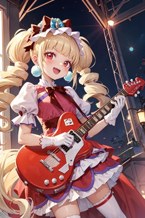 anime girl with a guitar and a red dress