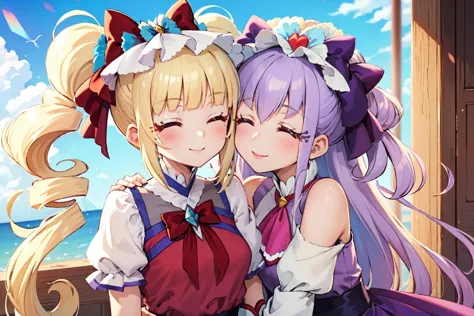 masterpiece,best quality,2girls,leaning on each other,upper body,blue sky,
AND 2girls,leaning on each other,upper body,blue sky,(1girl,cure macherie,blonde hair,(twintails),red hair bow,headdress,red dress,smile,closed eyes,<lora:locon_cure_macherie_01:0.9>,),
AND 2girls,leaning on each other,upper body,blue sky,(1girl,cure amour,light purple hair,purple ascot,purple dress,detached sleeves,purple hair bow,headdress,lipstick,smile,closed eyes,<lora:locon_cure_amour_01:0.9>,),