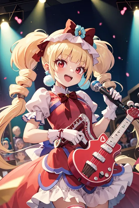 masterpiece,best quality,1girl,cure macherie,blonde hair,twintails,red eyes,pom pom earrings,pink ribbon,white gloves,puffy sleeves,layered dress,porch,wrist bow,jewelry,smile,open mouth,holding instrument,holding guitar,electric guitar,on stage,<lora:locon_cure_macherie_01:0.9>,