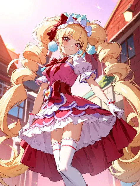 masterpiece, best quality, looking at viewer, depth of field, standing, full_body, 
1girl, <lora:locon_cure_macherie_01:0.9>, cure macherie, twintails, pom pom earrings, pink ribbon, white gloves, frilled thighhighs, red boots, puffy sleeves, layered dress, porch, wrist bow, jewelry,
smile, (gradient background), lens flare,