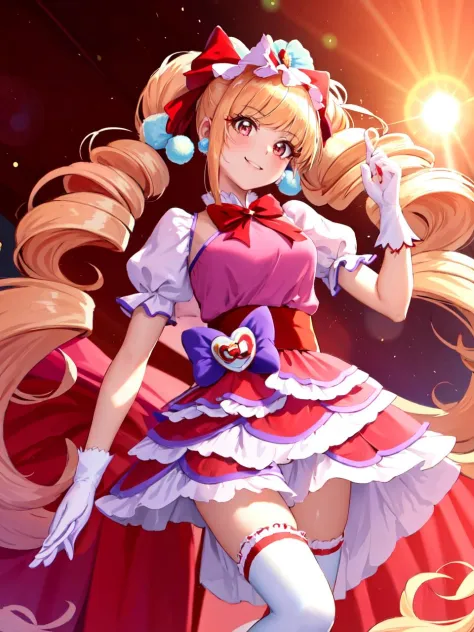 masterpiece, best quality, looking at viewer, depth of field, standing, full_body, 
1girl, <lora:locon_cure_macherie_01:0.9>, cure macherie, twintails, pom pom earrings, pink ribbon, white gloves, frilled thighhighs, red boots, puffy sleeves, layered dress, porch, wrist bow, jewelry,
smile, (gradient background), lens flare,