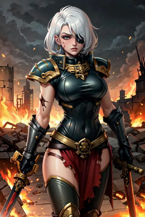 (masterpiece:1.2), (best quality:1.2), perfect eyes, perfect face, perfect lighting, 1girl, mature whsororitas with sword in hands, scar over one eye, eyepatch, red tabard, white hair, warhammer 40k, chaos, fire, scifi, detailed ruined city background  <lora:warhammerAdeptus_whsororitasV3:0.4>