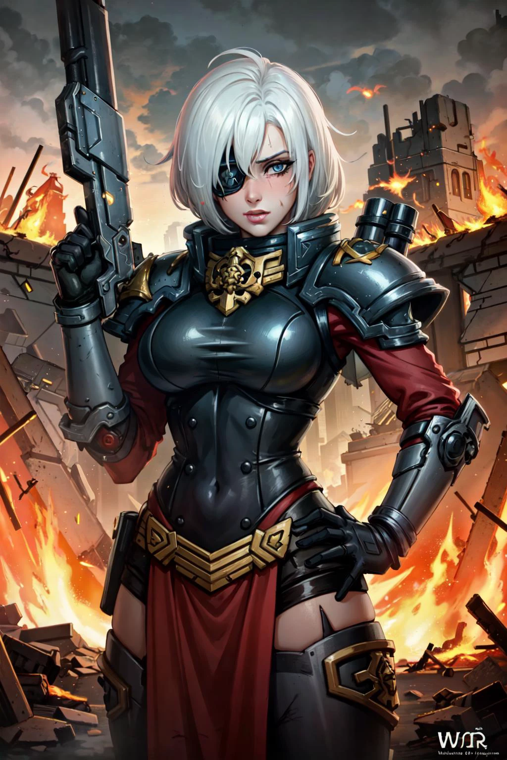 (masterpiece:1.2), (best quality:1.2), perfect eyes, perfect face, perfect lighting, 1girl, mature whsororitas with a laser riffle in her hands, scar over one eye, eyepatch, red tabard, white hair, warhammer 40k, chaos, fire, scifi, detailed ruined city background  