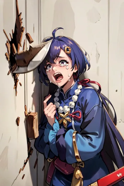 anime girl with purple hair and blue eyes holding a knife