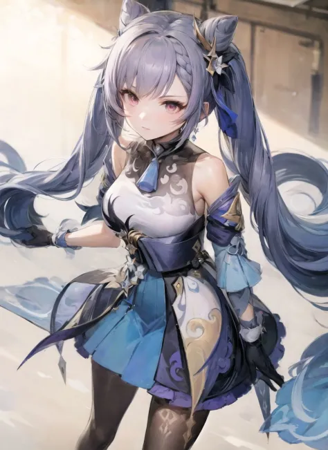 1girl, from above, standing,
<lora:keqingGenshinImpact3in1_v10:1>keqing (piercing thunderbolt) (genshin impact), keqing (genshin impact),
pantyhose, hair bun, purple hair, gloves, twintails, long hair, purple eyes, diamond-shaped pupils, bare shoulders, hair ornament, black pantyhose, cone hair bun,
detached sleeves,dress, jewelry, medium breasts, earrings, bangs, frills, purple dress, black gloves, braid, skirt,
 <lora:style_Liduke:1.6:OUT10.8> <lora:add_detail:0.4>