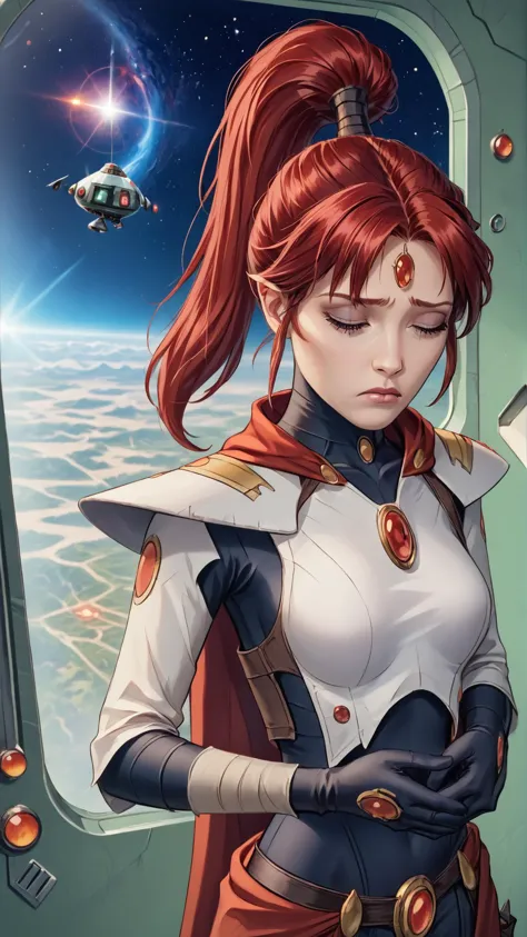 <lora:YrlietPony:0.8> YrlietRT, 1girl, ponytail, red hair, window, galaxy, space, spacecraft, jewelry, sad, <lora:RealisticAnime:0.8> (ultra realistic, 32k, masterpiece:1.2), (high detailed skin:1.1), (high quality:1.1), bokeh, luminescent background, score 9, score 8 up, score 7 up, score 6 up, score 5 up, score 4 up, BREAK,