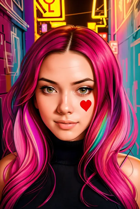 a woman with pink hair and a heart painted on her face