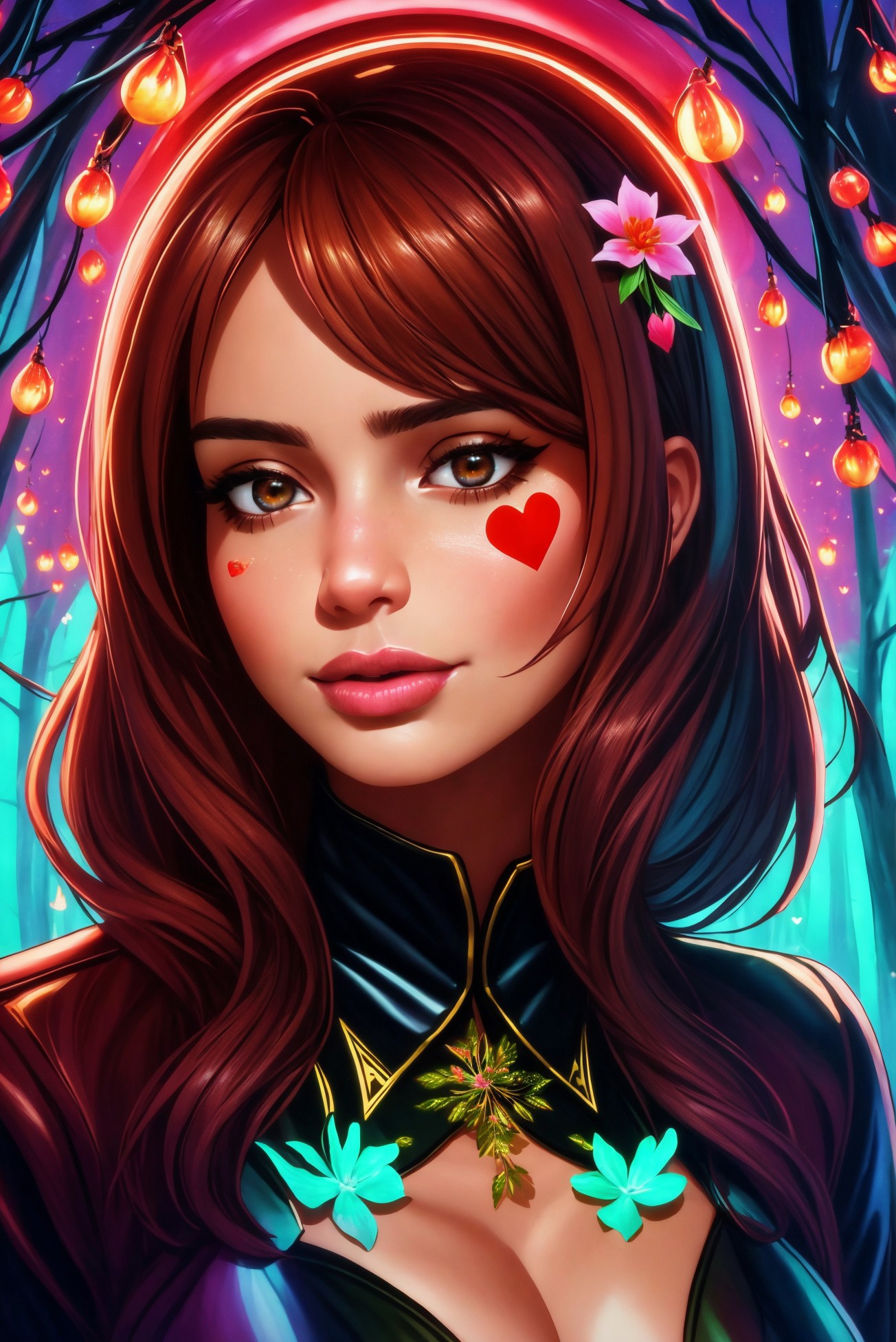 A woman with red hair and a heart on her face - SeaArt AI