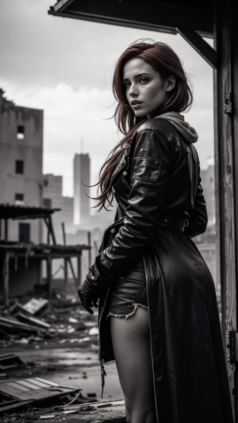 cinematic photo Professional, hyper-realistic, gorgeous, b&w photo of a woman, dressed with rags in a post-apocalyptic,destroyed scenario. red hair, dirty. Background full of ruins. . 35mm photograph, film, bokeh, professional, 4k, highly detailed