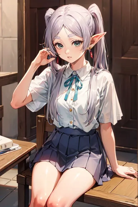 anime girl sitting on a bench with a cell phone to her ear