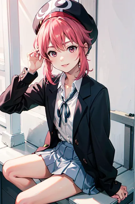 anime girl sitting on a bench with a hat on