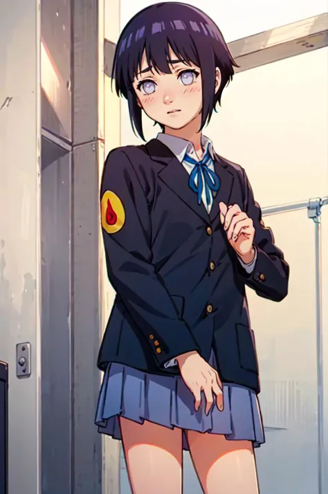 ,solo, shy, blush,  <lora:HinataHyuga:0.8> hyuuga hinata, 1girl, black hair, short hair, white eyes, no pupils,   <lora:SakuragaokaHighSchoolUniform:1> SakuragaokaWinter, sakuragaoka high school uniform, blue blazer, long sleeves, neck ribbon, grey skirt,, absurdres, ultra detailed, masterpiece, best quality, aesthetic, detailed,