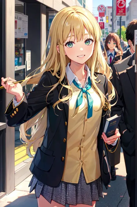 smile, holding book, holding pocket watch,  <lora:zs_Rei:0.8> reipq, green eyes, blonde hair, very long hair, hair ornament,     <lora:SakuragaokaHighSchoolUniform:1> SakuragaokaWinter, sakuragaoka high school uniform, open jacket, white shirt, long sleeves, neck ribbon, grey skirt,, absurdres, ultra detailed, masterpiece, best quality, aesthetic, detailed,