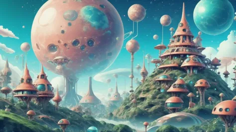 a close up of a cartoonish city with a giant red ball