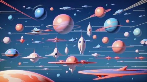 there are many different planets and rockets flying in the sky