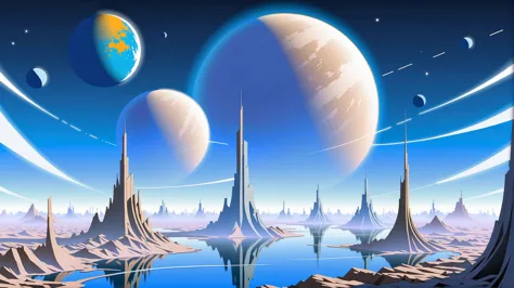 a painting of a futuristic city with a lake and planets