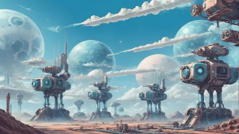 a close up of a group of robots in a desert