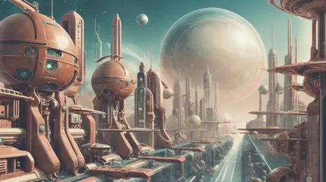 a close up of a futuristic city with a giant planet in the background