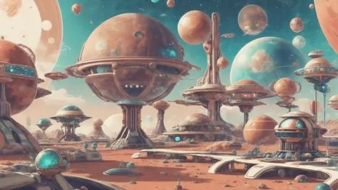 a close up of a futuristic city with a lot of planets