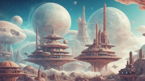 futuristic city in the sky with a lot of clouds and planets