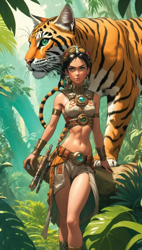 Stunning female in exotic outfit on a jungle planet, accompanied by a giant wildcat, extremely beautiful piercing eyes, sci-fi, cinematic scene, hero view, action pose, scenery, detailed background, masterpiece, best quality, high quality, absurdres, very detailed, high resolution, sharp image, intricate, 8k, vivid, colorful, sillage comic Studio Ghibli 