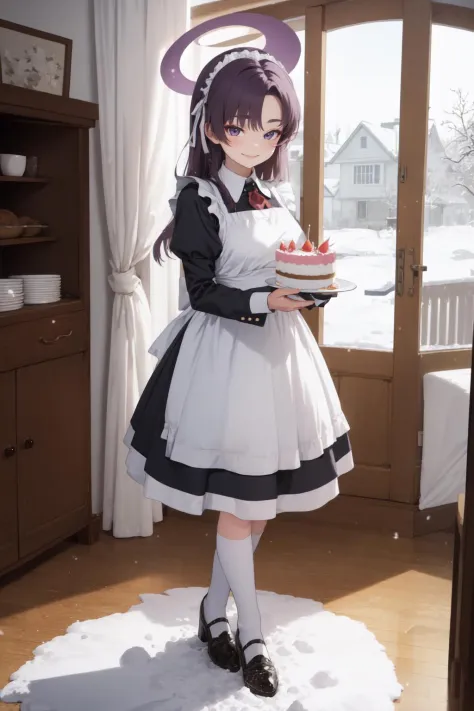 (masterpiece:1.3), (absurdres:1.3), (best quality:1.3), (ultra-detailed:1.3), snow, indoors, standing, full body, smile,  <lora:yukari-fi-08:1>, 1girl, yukari-fi, purple hair, halo, maid, maid headdress, maid apron, (holding cake:1.2),