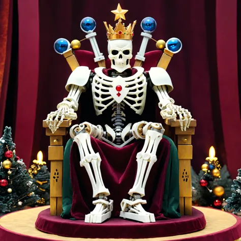 araffe skeleton sitting on a throne with a crown and two swords