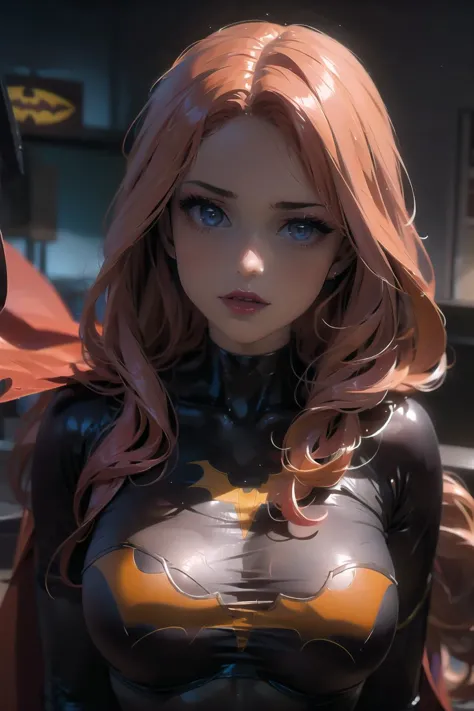 (masterpiece),best quality,1girl,solo,breasts,portrait,upper_body,<lora:Barbara-04:0.75>,batgirl,batgirl,suit,orange hair,cape,bodysuit,cape,lipstick,covered legs,