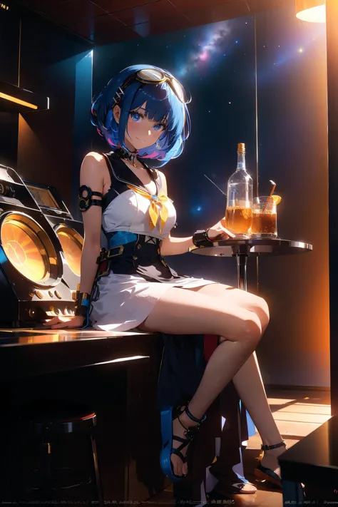 anime girl sitting on a table with a glass of wine