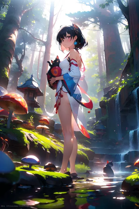 a woman in a white dress standing in a forest with a cat