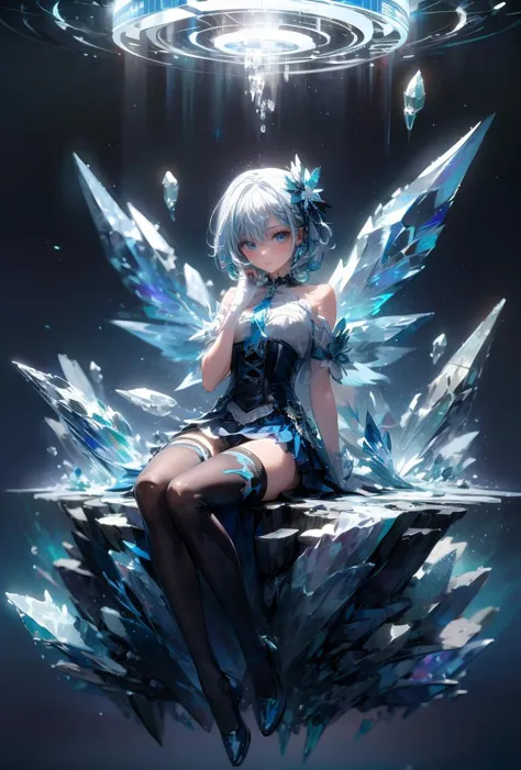 (masterpiece, best quality), 1girl, blue hair, ice hair, blue eyes, ice shards, hands crystal ice, ice blade, blue magic circle, blue corset, black thighhighs, sidelighting, light particles, abstract, <lora:add_detail:1>