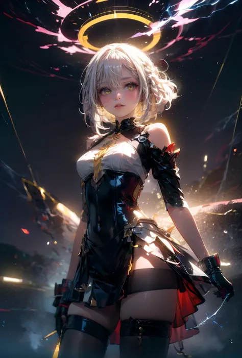 (masterpiece, best quality), 1girl, yellow hair, sparks hair, yellow eyes, electricity sparks, thunder blade, yellow magic circle, yellow corset, black thighhighs, sidelighting, light particles, abstract, <lora:add_detail:1>