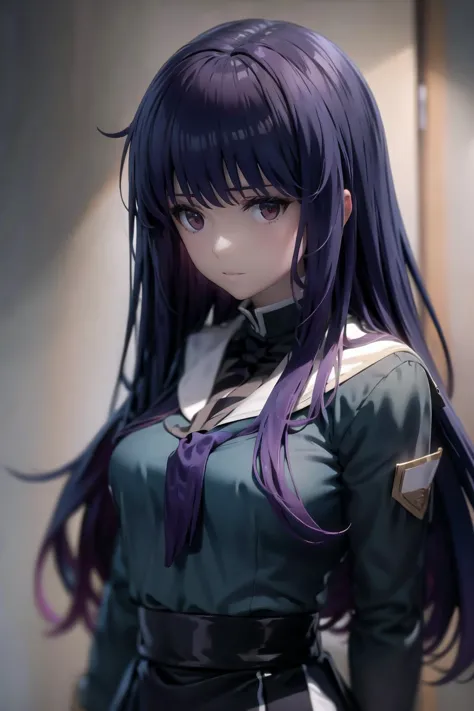 a close up of a woman with long purple hair wearing a green dress