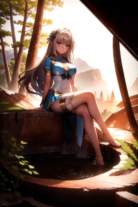 a woman sitting on a log in the woods with a sword